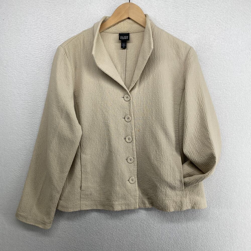 EILEEN FISHER Jacket M Organic Cotton Crinkle Textured Buttonup Blazer Beige VTG